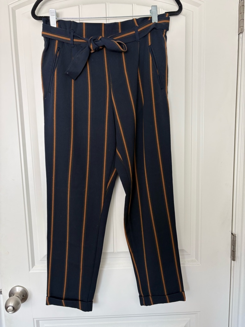 Zara Navy Pants with Brown Vertical Stripes and Tie Waist